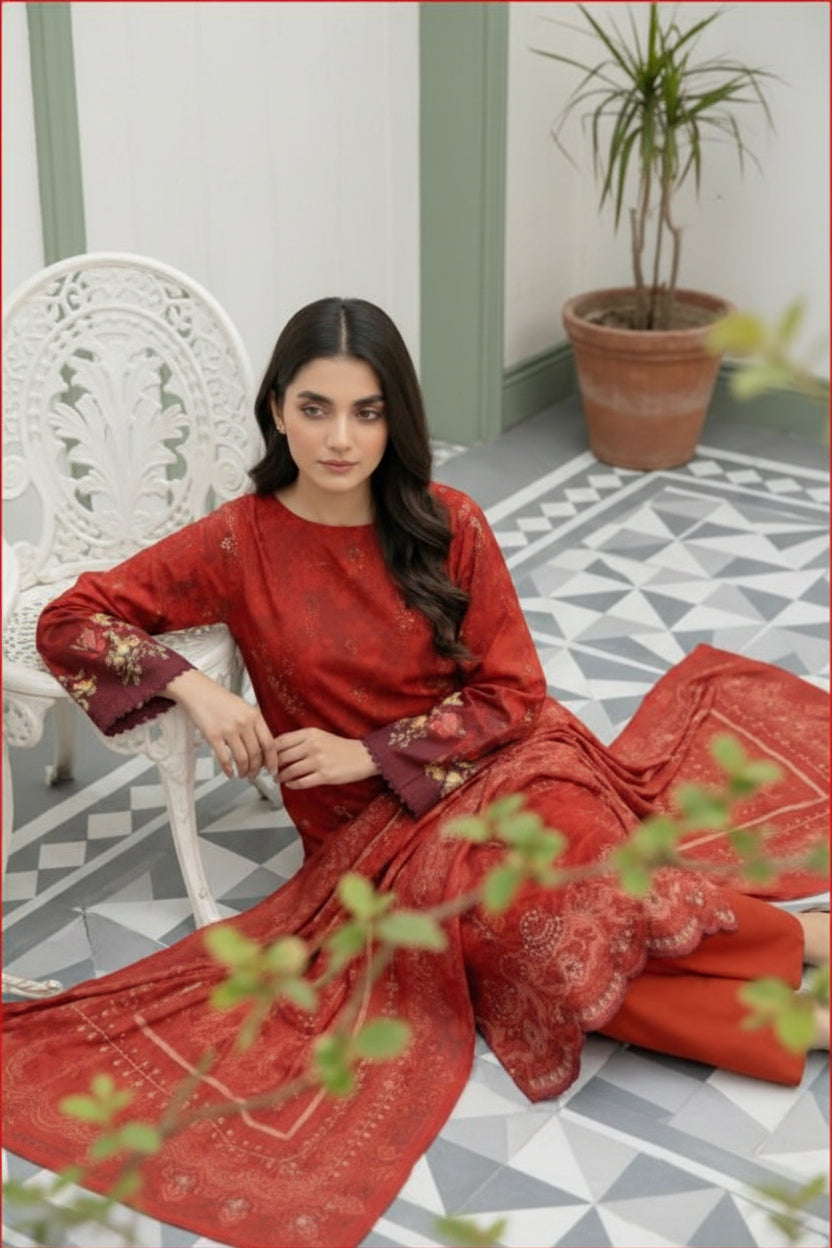3-PIECE UNSTITCHED DIGITAL PRINTED AND EMBROIDED LAWN SUIT- V3