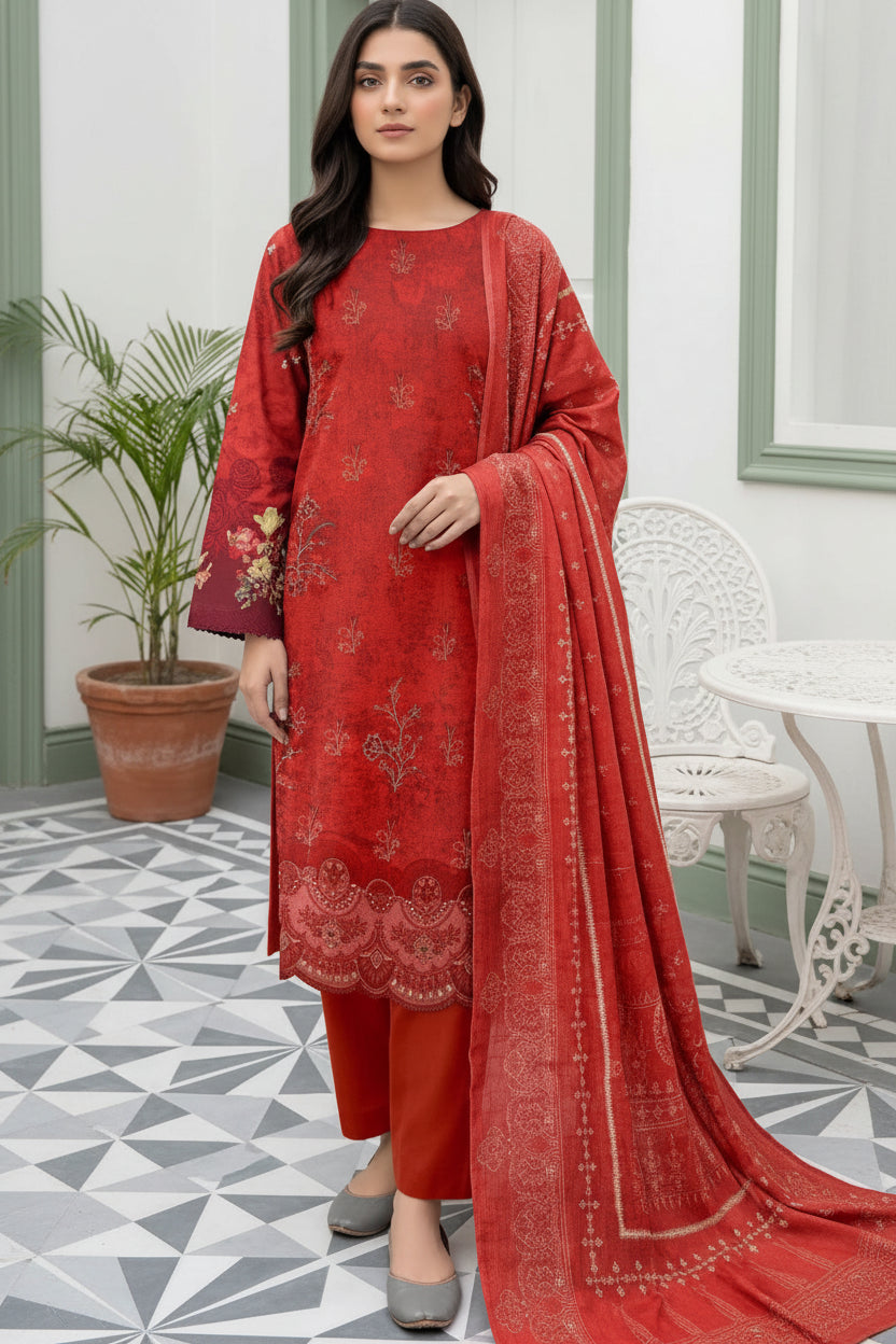 3-PIECE UNSTITCHED DIGITAL PRINTED AND EMBROIDED LAWN SUIT- V3