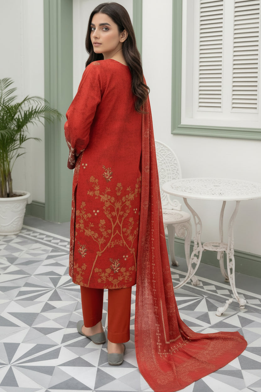 3-PIECE UNSTITCHED DIGITAL PRINTED AND EMBROIDED LAWN SUIT- V3