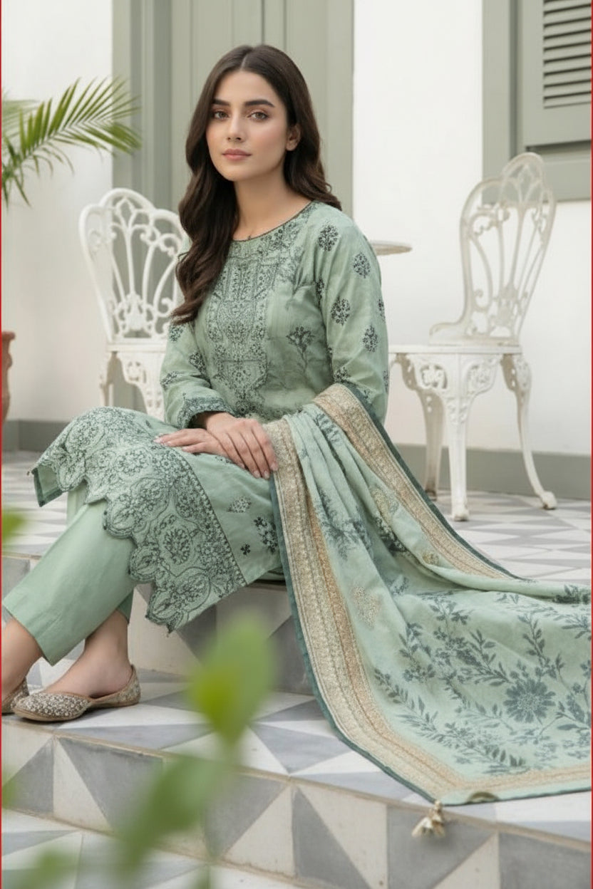3-PIECE UNSTITCHED DIGITAL PRINTED AND EMBROIDED LAWN SUIT- V4