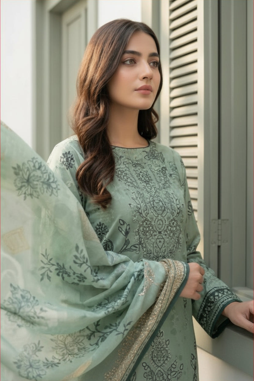 3-PIECE UNSTITCHED DIGITAL PRINTED AND EMBROIDED LAWN SUIT- V4