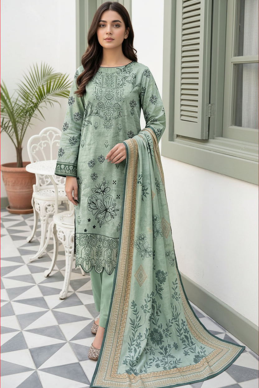 3-PIECE UNSTITCHED DIGITAL PRINTED AND EMBROIDED LAWN SUIT- V4