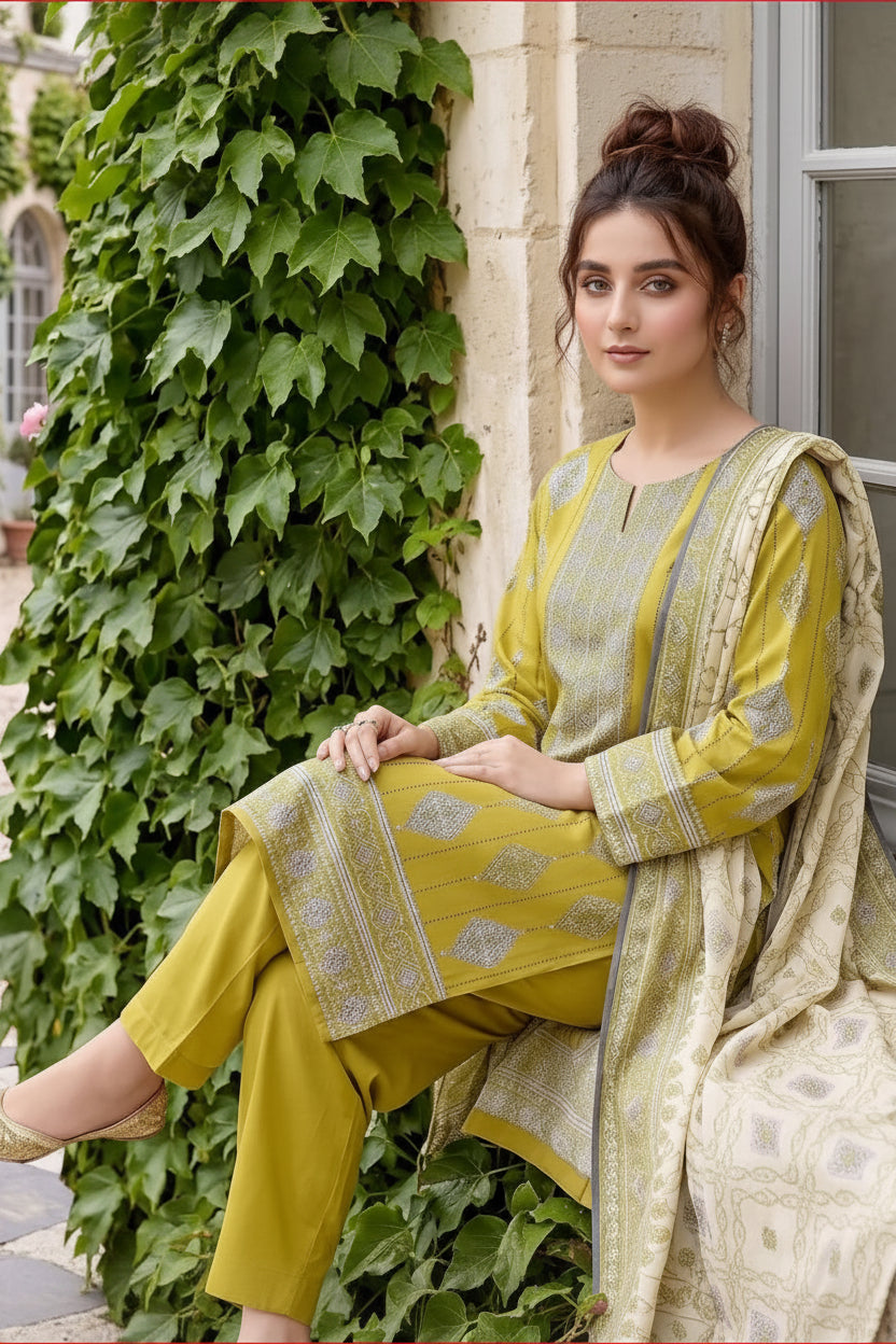 3-PIECE UNSTITCHED PRINTED LAWN SUIT WITH CAMBRIC TROUSER- V7