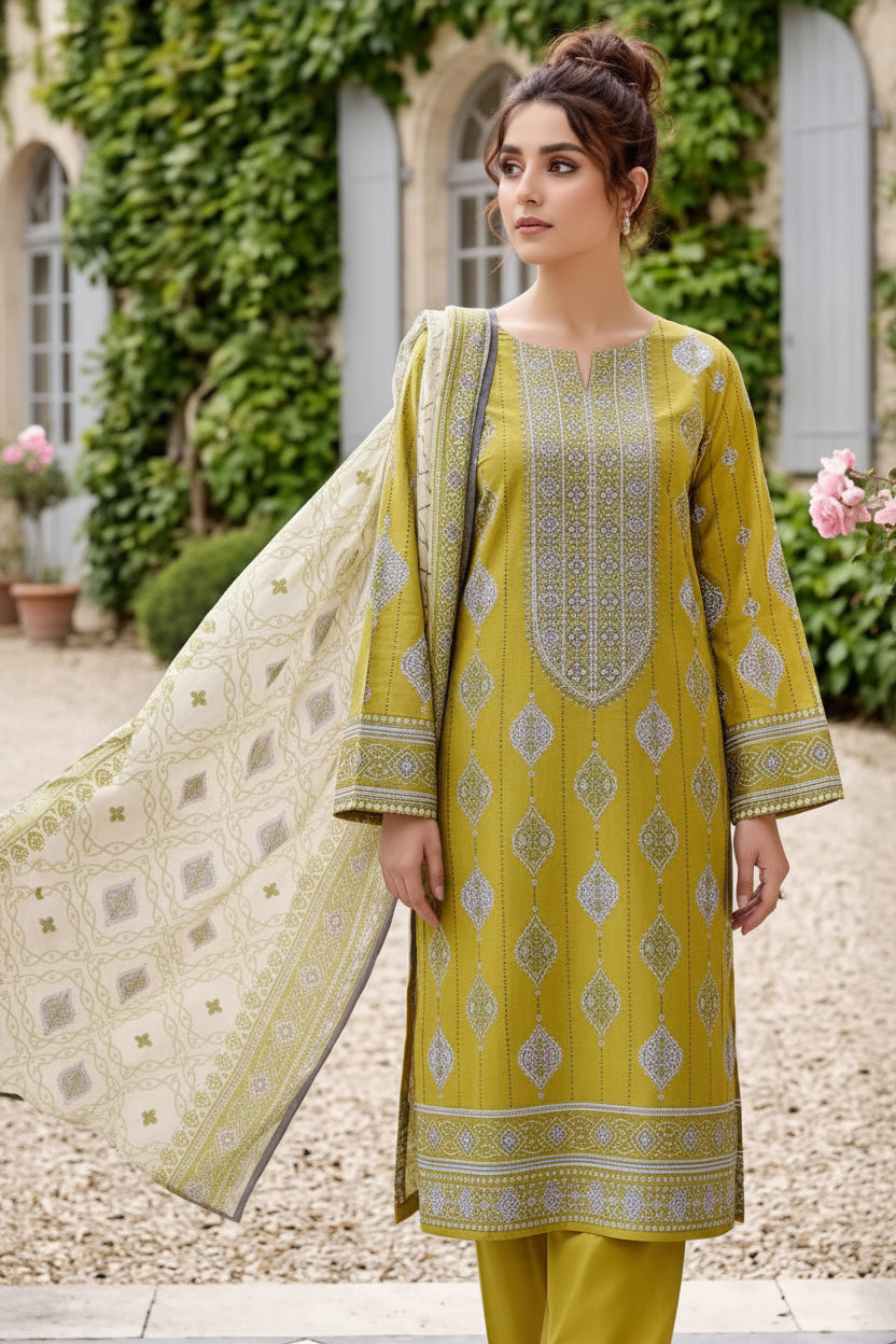 3-PIECE UNSTITCHED PRINTED LAWN SUIT WITH CAMBRIC TROUSER- V7