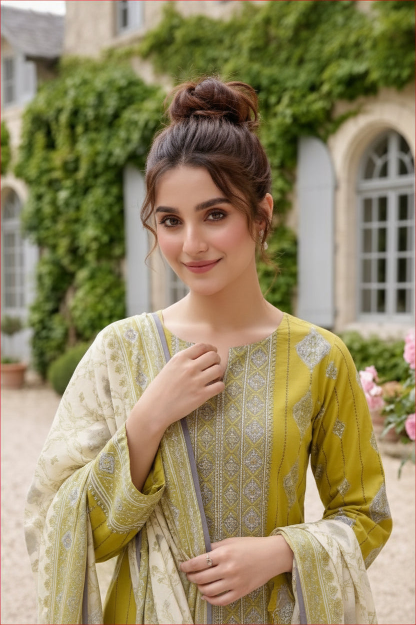 3-PIECE UNSTITCHED PRINTED LAWN SUIT WITH CAMBRIC TROUSER- V7