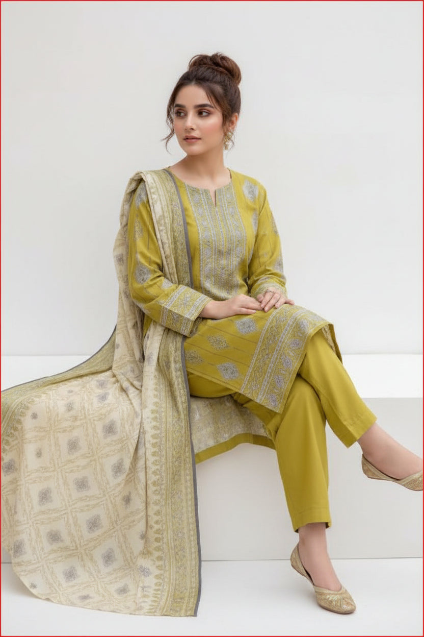 3-PIECE UNSTITCHED PRINTED LAWN SUIT WITH CAMBRIC TROUSER- V7