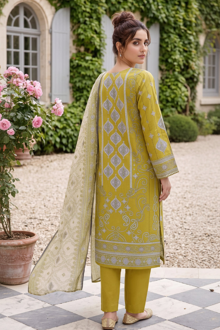 3-PIECE UNSTITCHED PRINTED LAWN SUIT WITH CAMBRIC TROUSER- V7