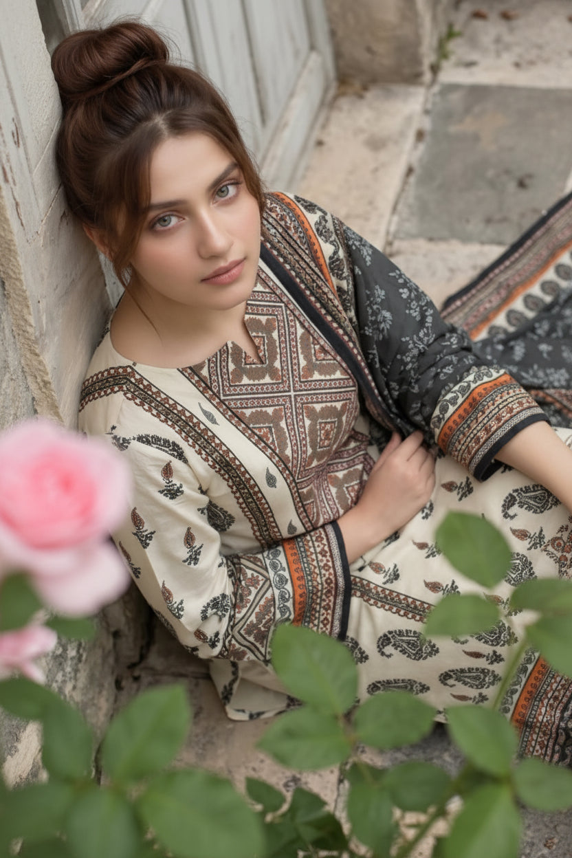 3-PIECE UNSTITCHED PRINTED LAWN SUIT WITH CAMBRIC TROUSER- V10