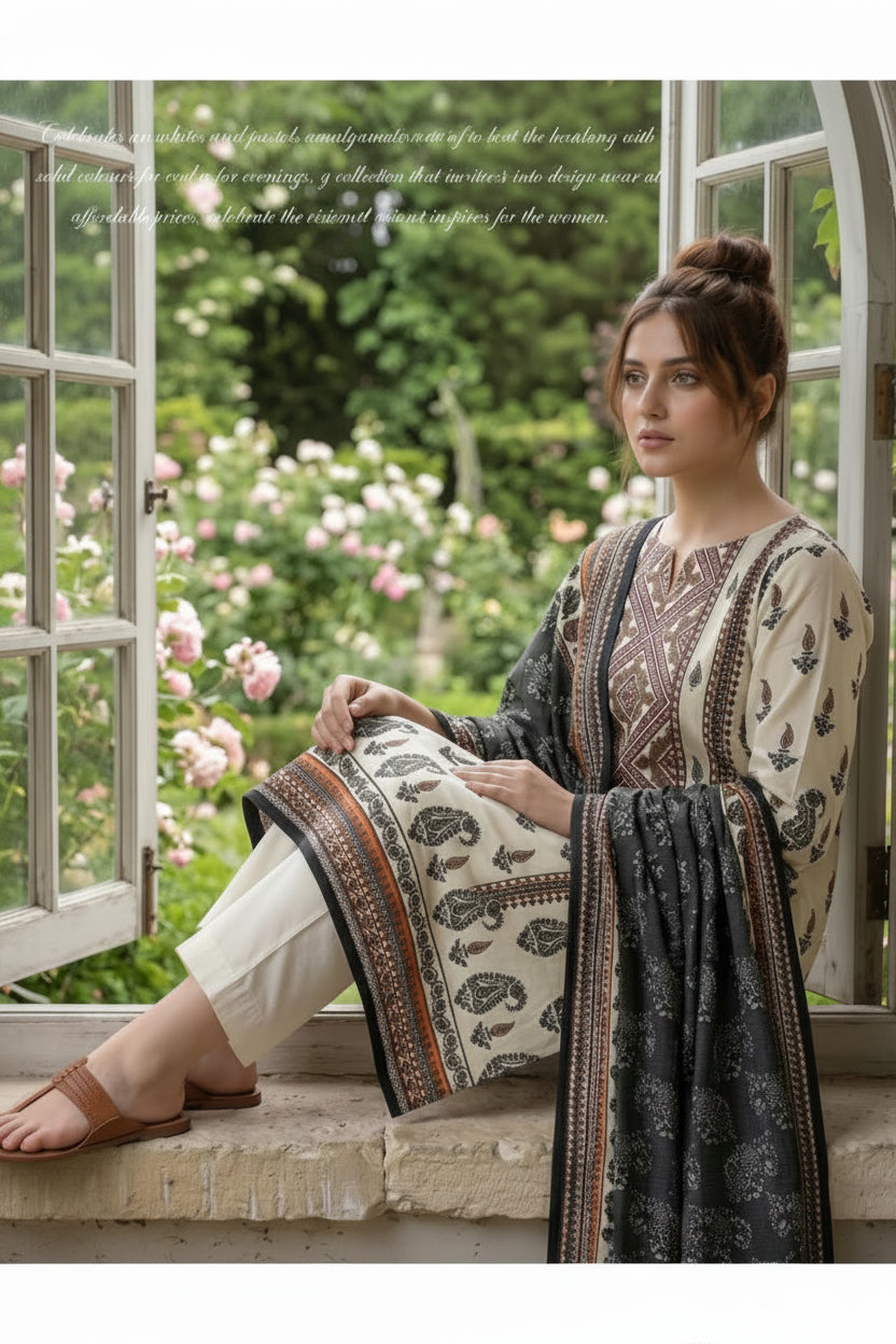 3-PIECE UNSTITCHED PRINTED LAWN SUIT WITH CAMBRIC TROUSER- V10