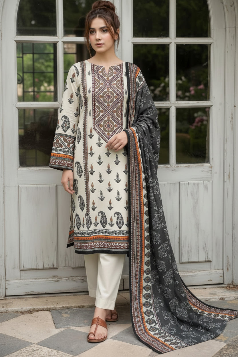 3-PIECE UNSTITCHED PRINTED LAWN SUIT WITH CAMBRIC TROUSER- V10