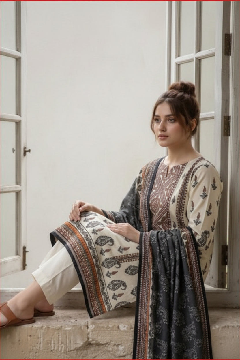 3-PIECE UNSTITCHED PRINTED LAWN SUIT WITH CAMBRIC TROUSER- V10