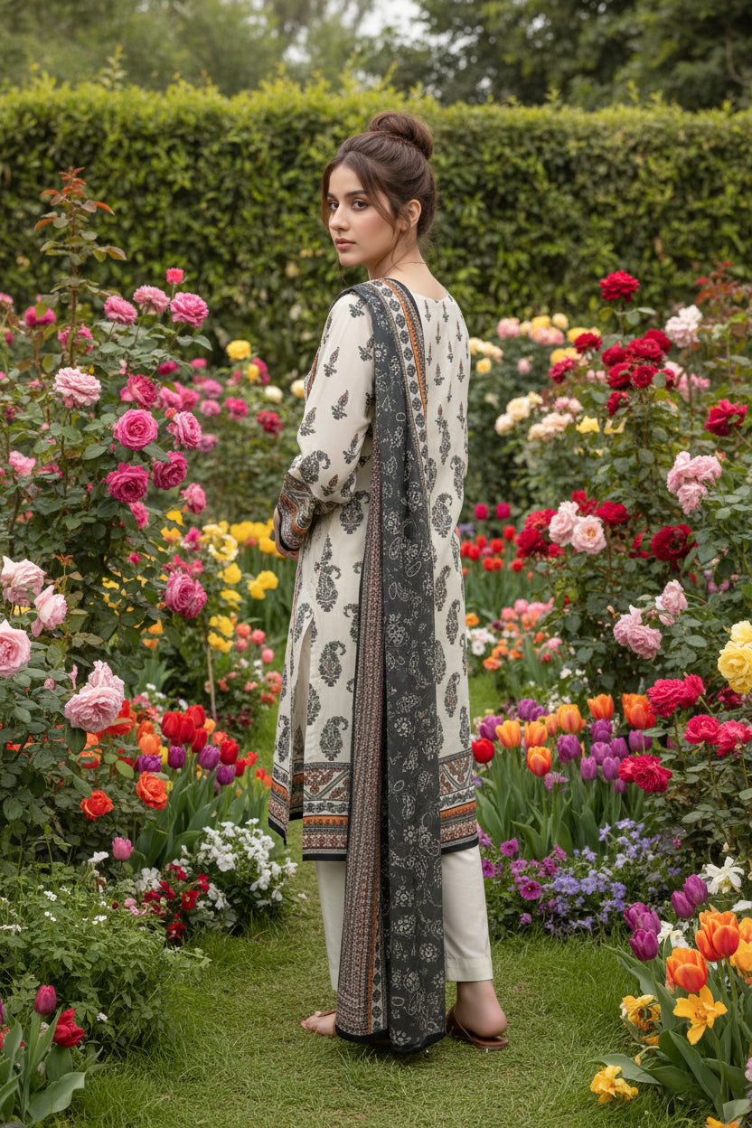 3-PIECE UNSTITCHED PRINTED LAWN SUIT WITH CAMBRIC TROUSER- V10