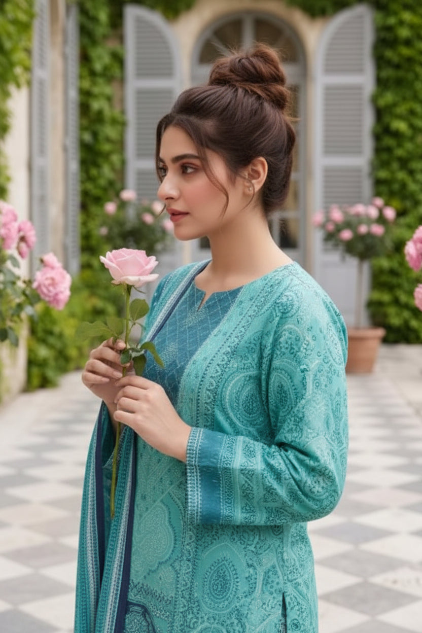 3-PIECE UNSTITCHED PRINTED LAWN SUIT WITH CAMBRIC TROUSER- V11
