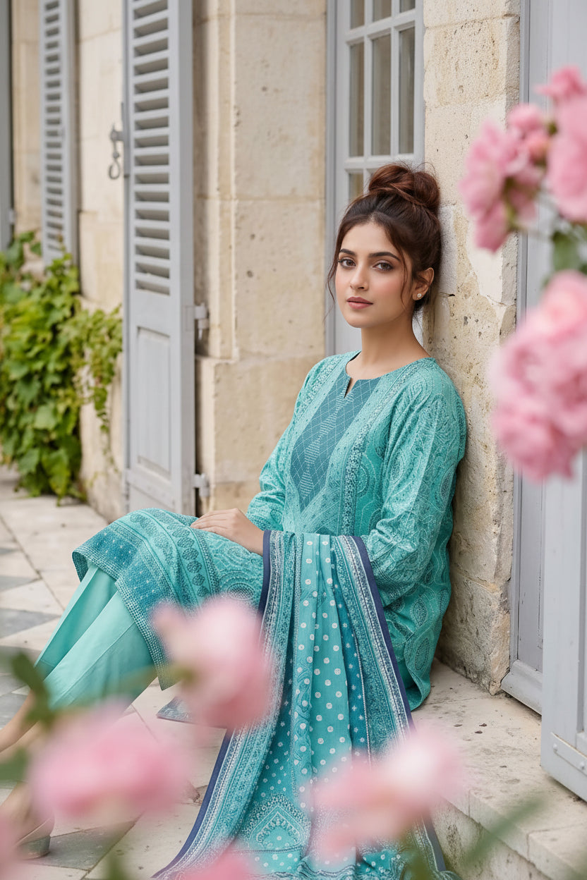 3-PIECE UNSTITCHED PRINTED LAWN SUIT WITH CAMBRIC TROUSER- V11