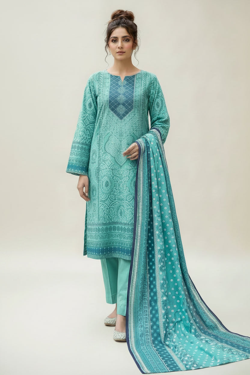 3-PIECE UNSTITCHED PRINTED LAWN SUIT WITH CAMBRIC TROUSER- V11