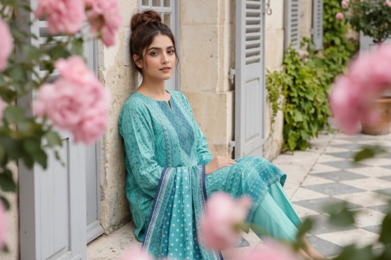 3-PIECE UNSTITCHED PRINTED LAWN SUIT WITH CAMBRIC TROUSER- V11