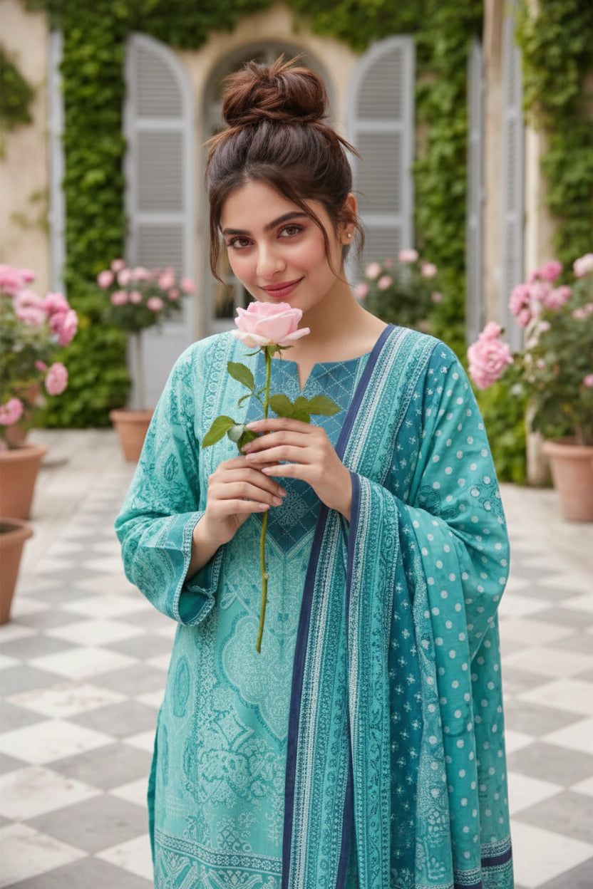 3-PIECE UNSTITCHED PRINTED LAWN SUIT WITH CAMBRIC TROUSER- V11