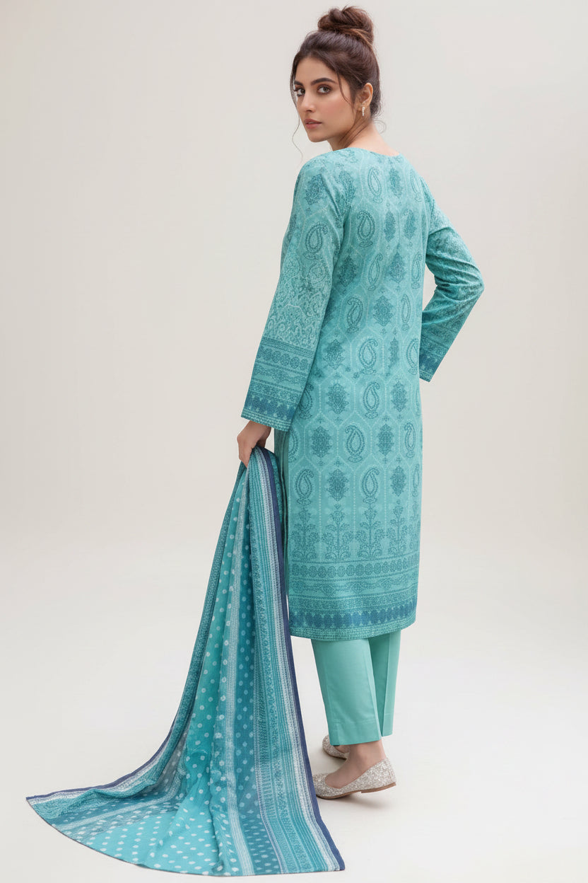 3-PIECE UNSTITCHED PRINTED LAWN SUIT WITH CAMBRIC TROUSER- V11