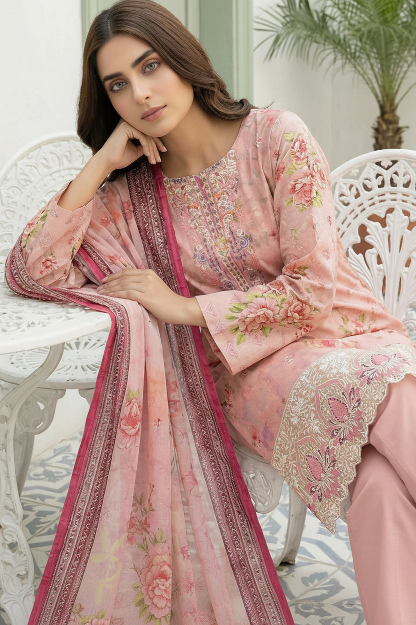 3-PIECE UNSTITCHED DIGITAL PRINTED AND EMBROIDED LAWN SUIT- V7