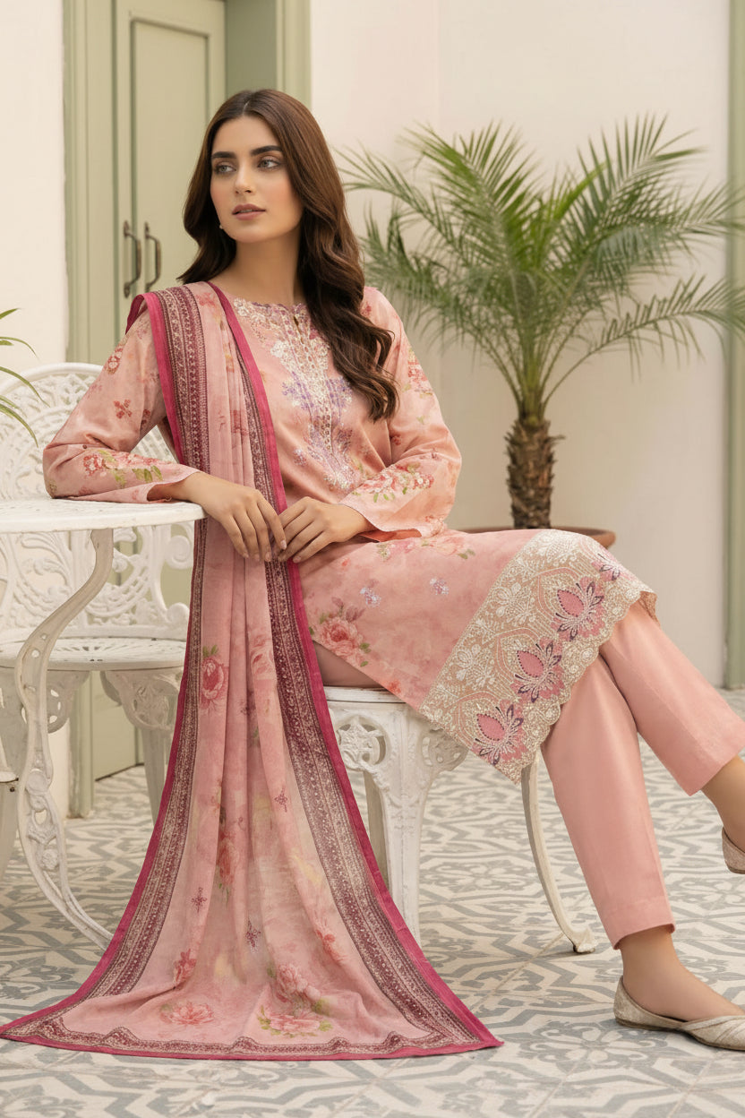3-PIECE UNSTITCHED DIGITAL PRINTED AND EMBROIDED LAWN SUIT- V7