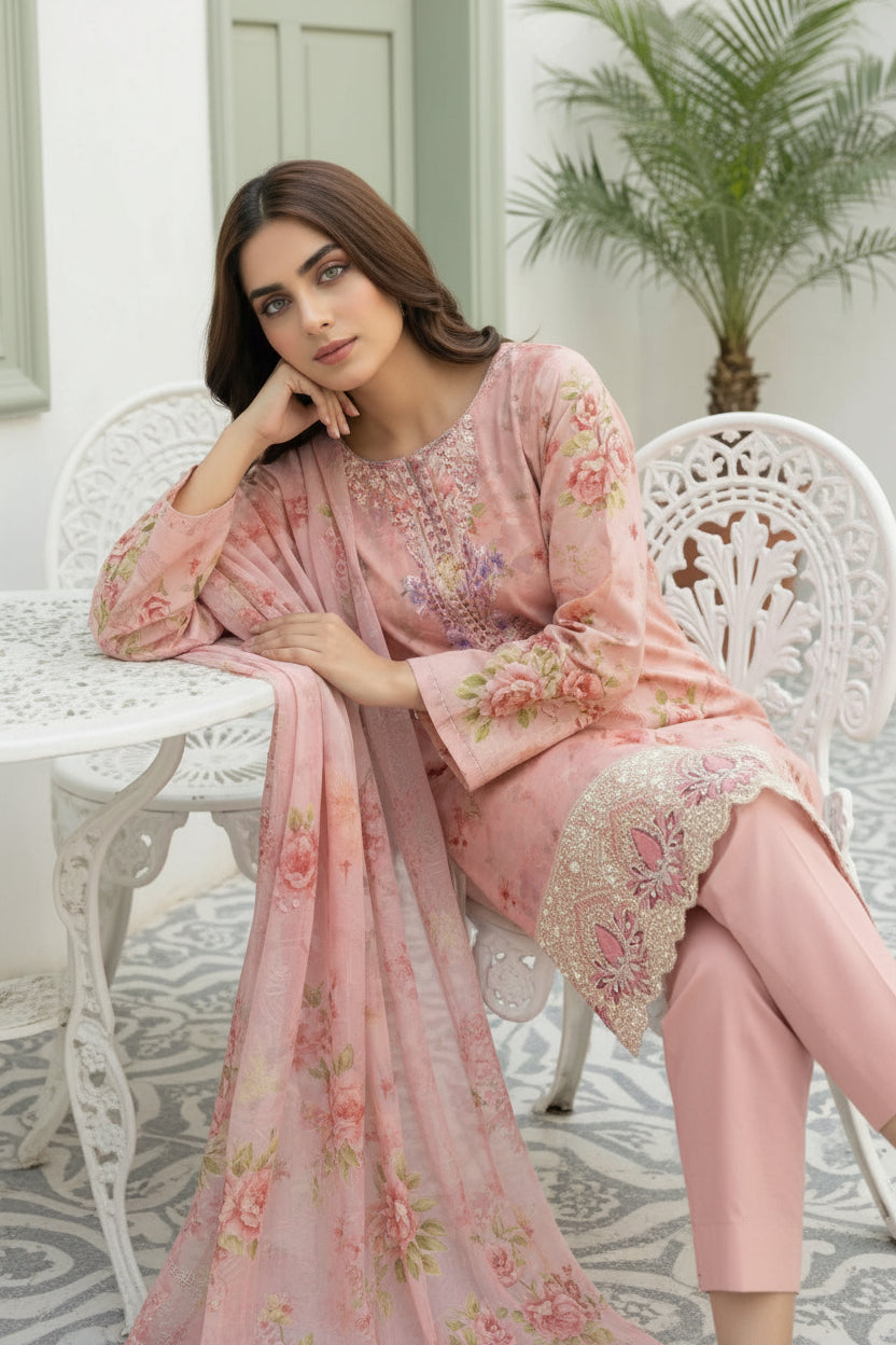3-PIECE UNSTITCHED DIGITAL PRINTED AND EMBROIDED LAWN SUIT- V7