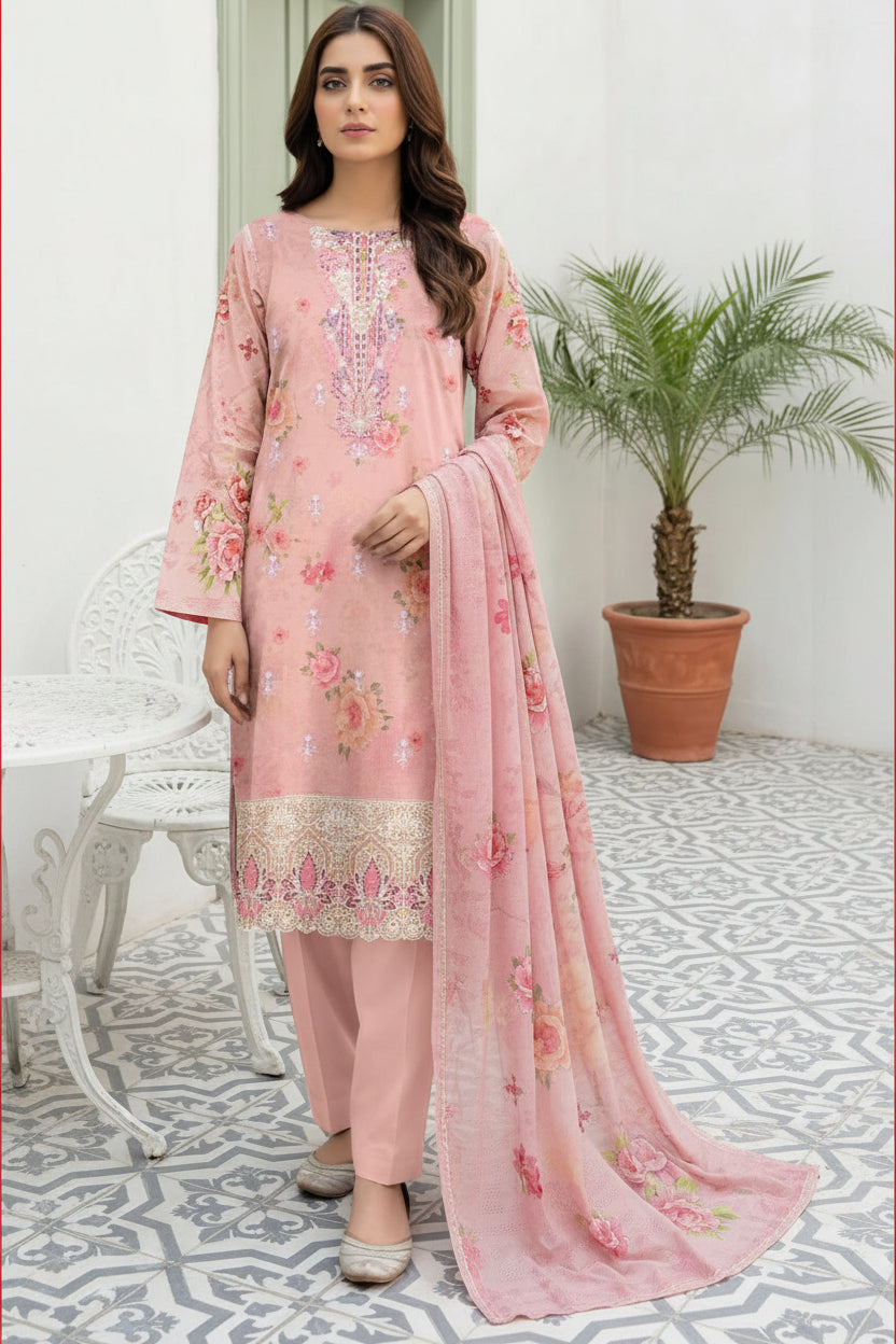 3-PIECE UNSTITCHED DIGITAL PRINTED AND EMBROIDED LAWN SUIT- V7