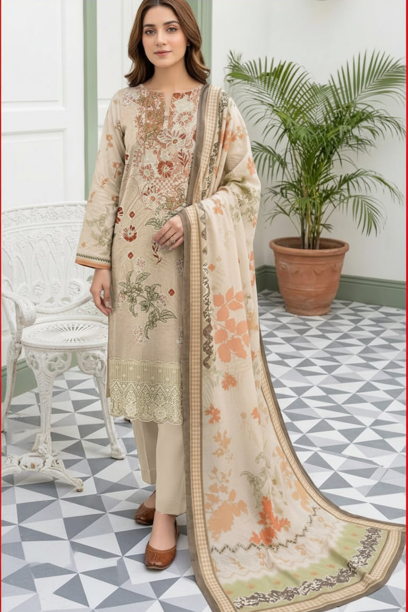 3-PIECE UNSTITCHED DIGITAL PRINTED AND EMBROIDED LAWN SUIT- V5