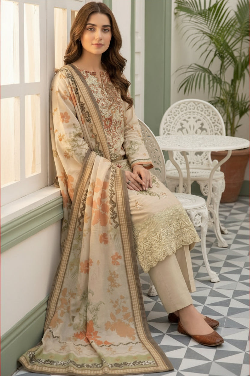 3-PIECE UNSTITCHED DIGITAL PRINTED AND EMBROIDED LAWN SUIT- V5