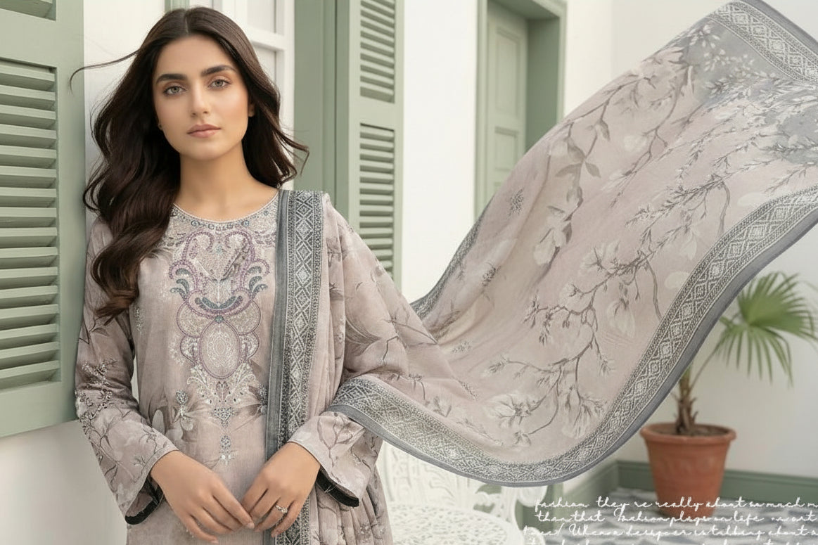 3-PIECE UNSTITCHED DIGITAL PRINTED AND EMBROIDED LAWN SUIT- V6