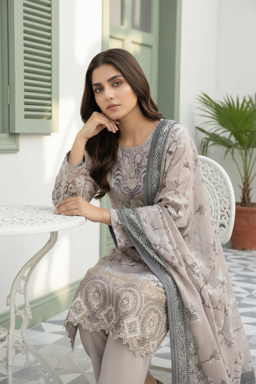 3-PIECE UNSTITCHED DIGITAL PRINTED AND EMBROIDED LAWN SUIT- V6