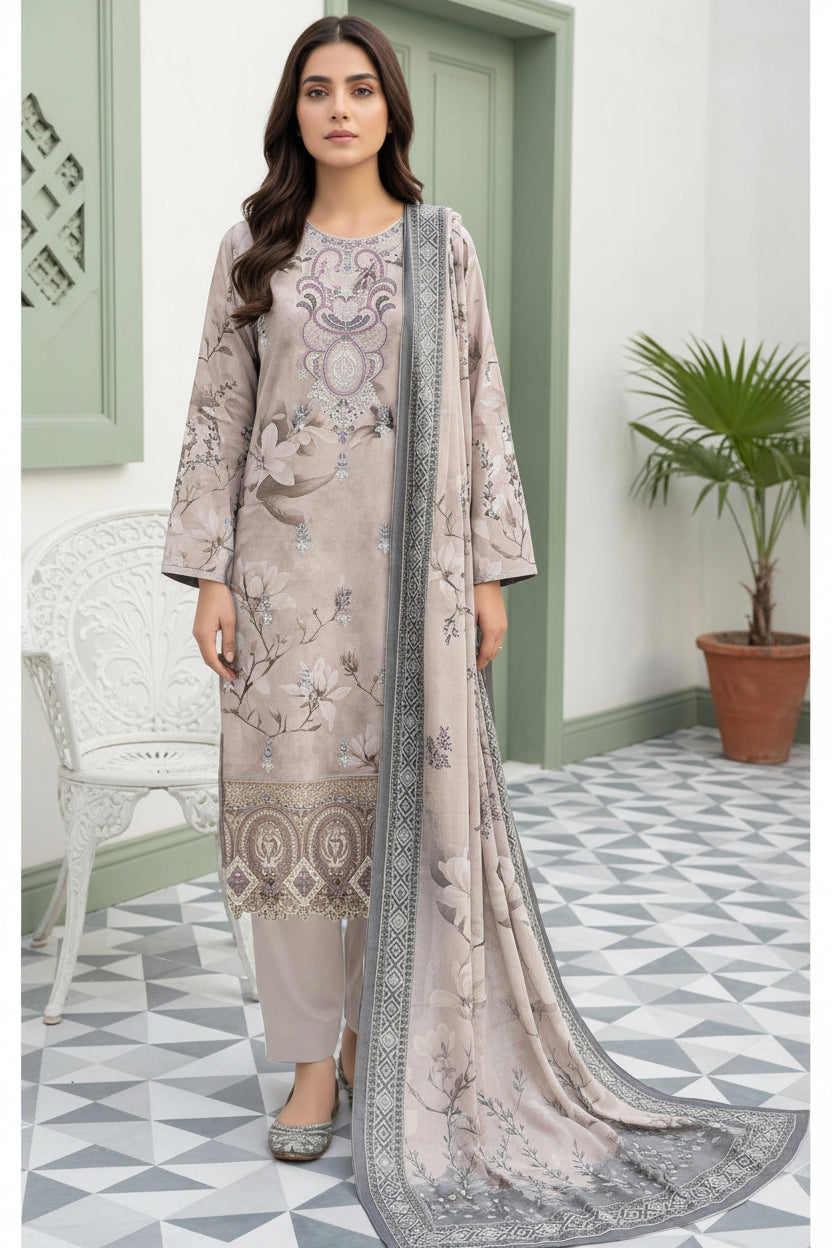 3-PIECE UNSTITCHED DIGITAL PRINTED AND EMBROIDED LAWN SUIT- V6