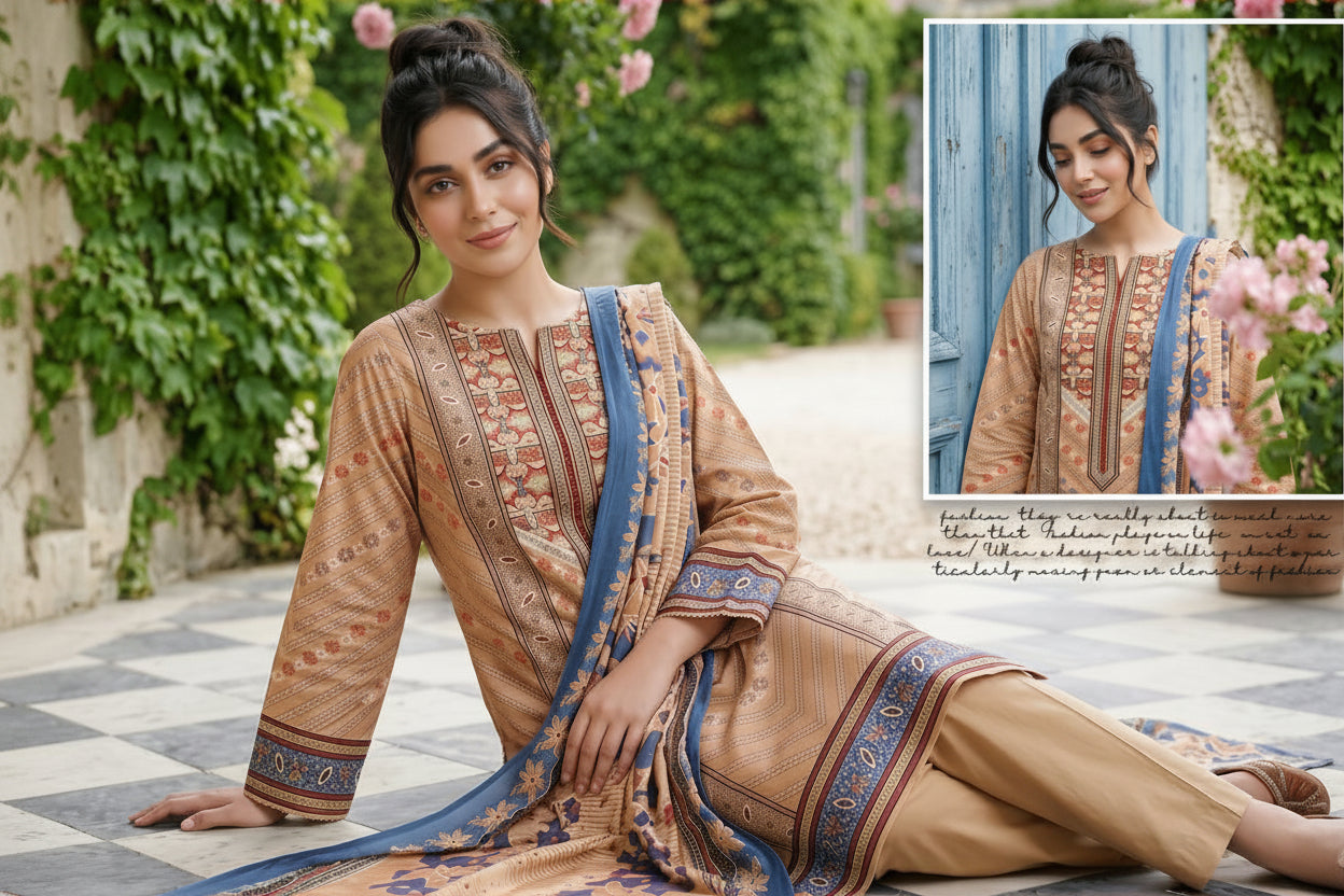 3-PIECE UNSTITCHED PRINTED LAWN SUIT WITH CAMBRIC TROUSER- V9