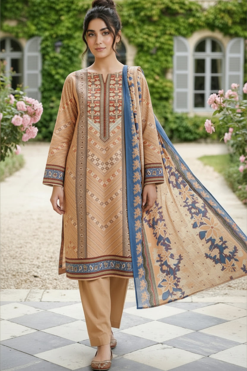3-PIECE UNSTITCHED PRINTED LAWN SUIT WITH CAMBRIC TROUSER- V9