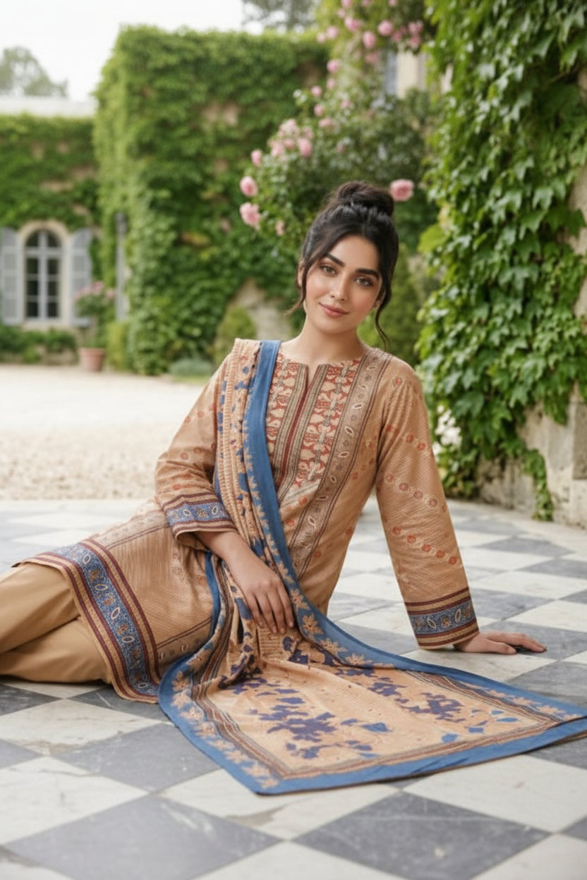 3-PIECE UNSTITCHED PRINTED LAWN SUIT WITH CAMBRIC TROUSER- V9