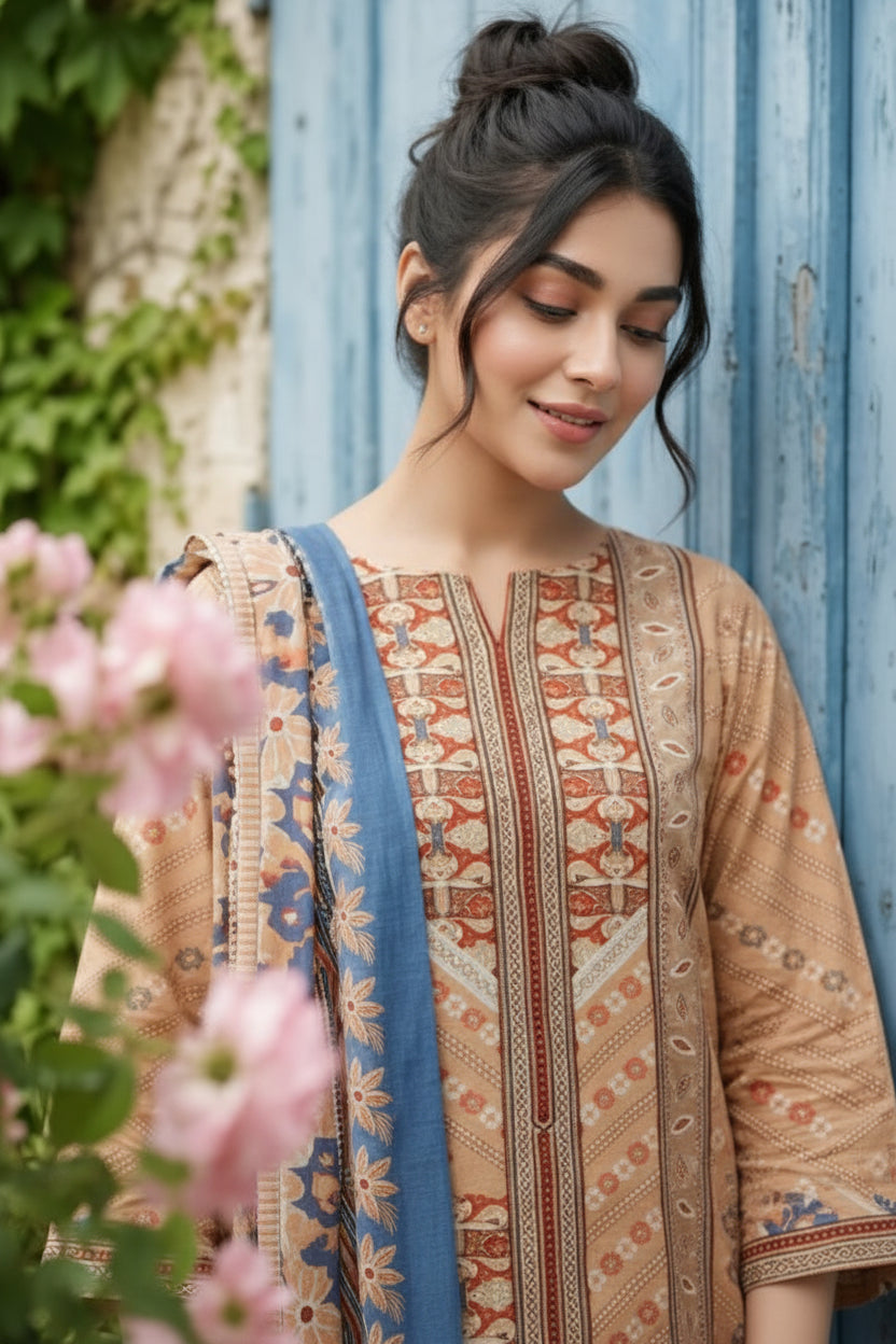 3-PIECE UNSTITCHED PRINTED LAWN SUIT WITH CAMBRIC TROUSER- V9