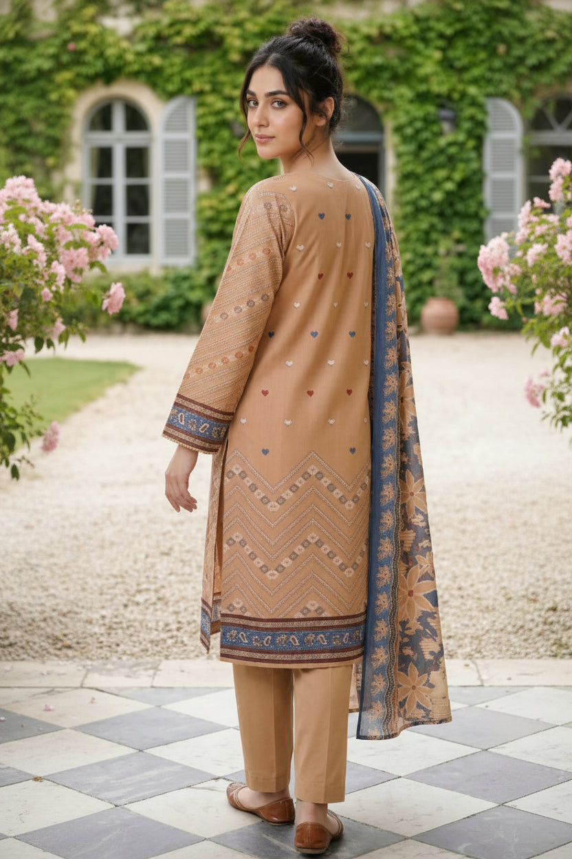 3-PIECE UNSTITCHED PRINTED LAWN SUIT WITH CAMBRIC TROUSER- V9