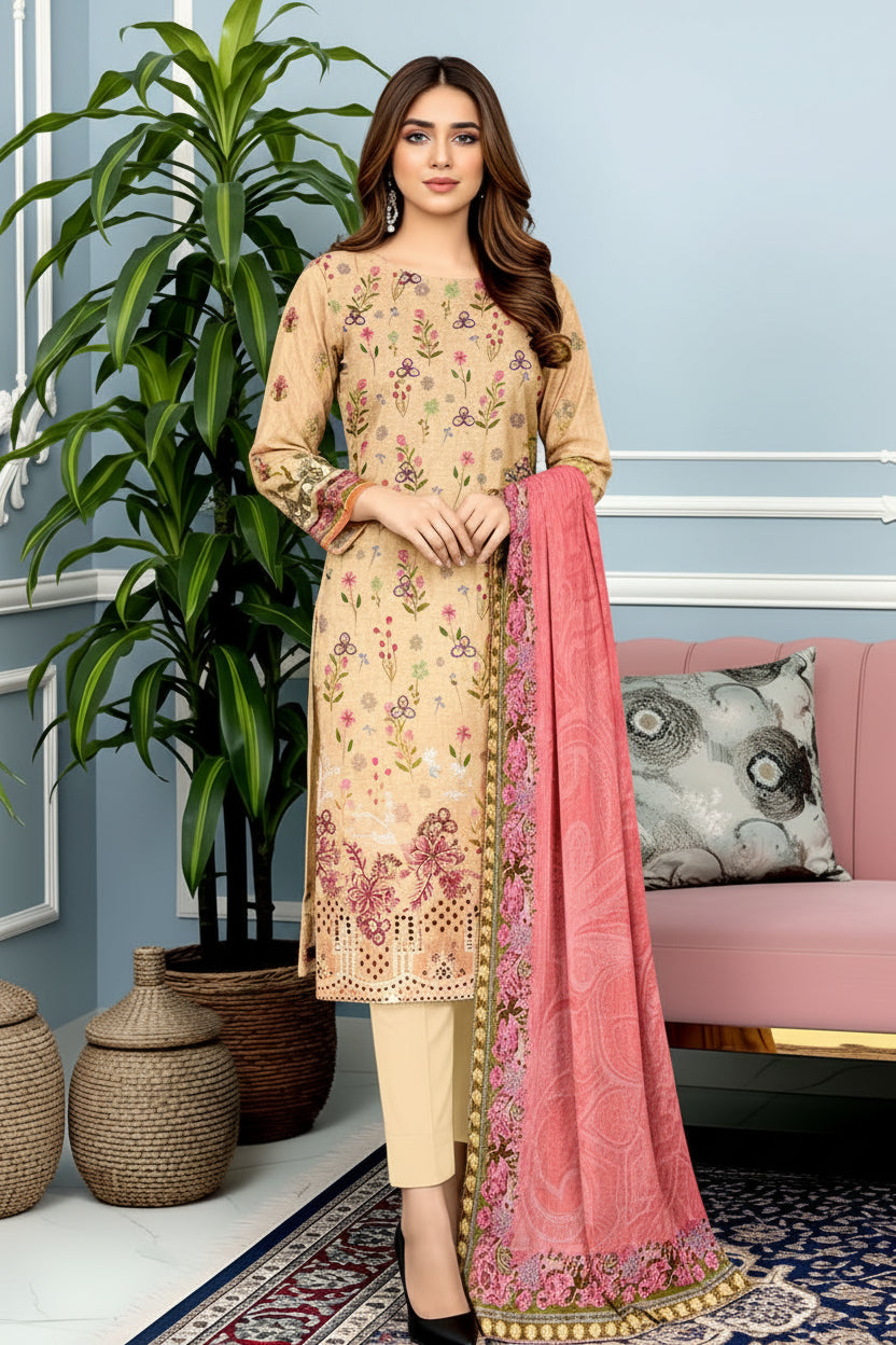 3-PIECE UNSTITCHED DIGITAL PRINTED AND EMBROIDED LAWN SUIT- V1