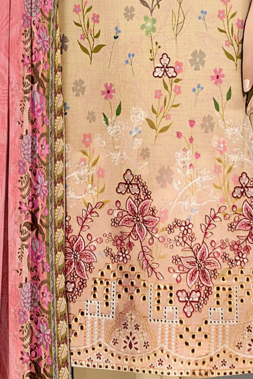 3-PIECE UNSTITCHED DIGITAL PRINTED AND EMBROIDED LAWN SUIT- V1