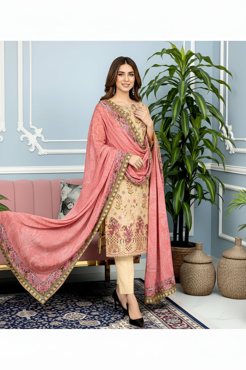 3-PIECE UNSTITCHED DIGITAL PRINTED AND EMBROIDED LAWN SUIT- V1