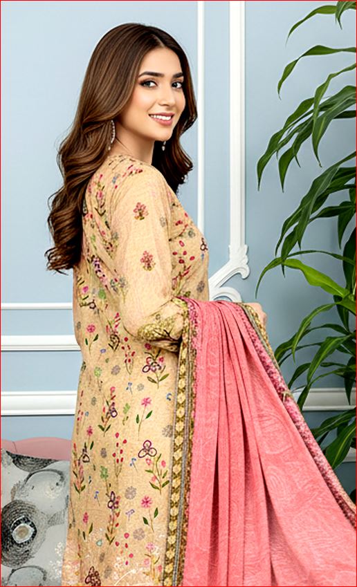 3-PIECE UNSTITCHED DIGITAL PRINTED AND EMBROIDED LAWN SUIT- V1