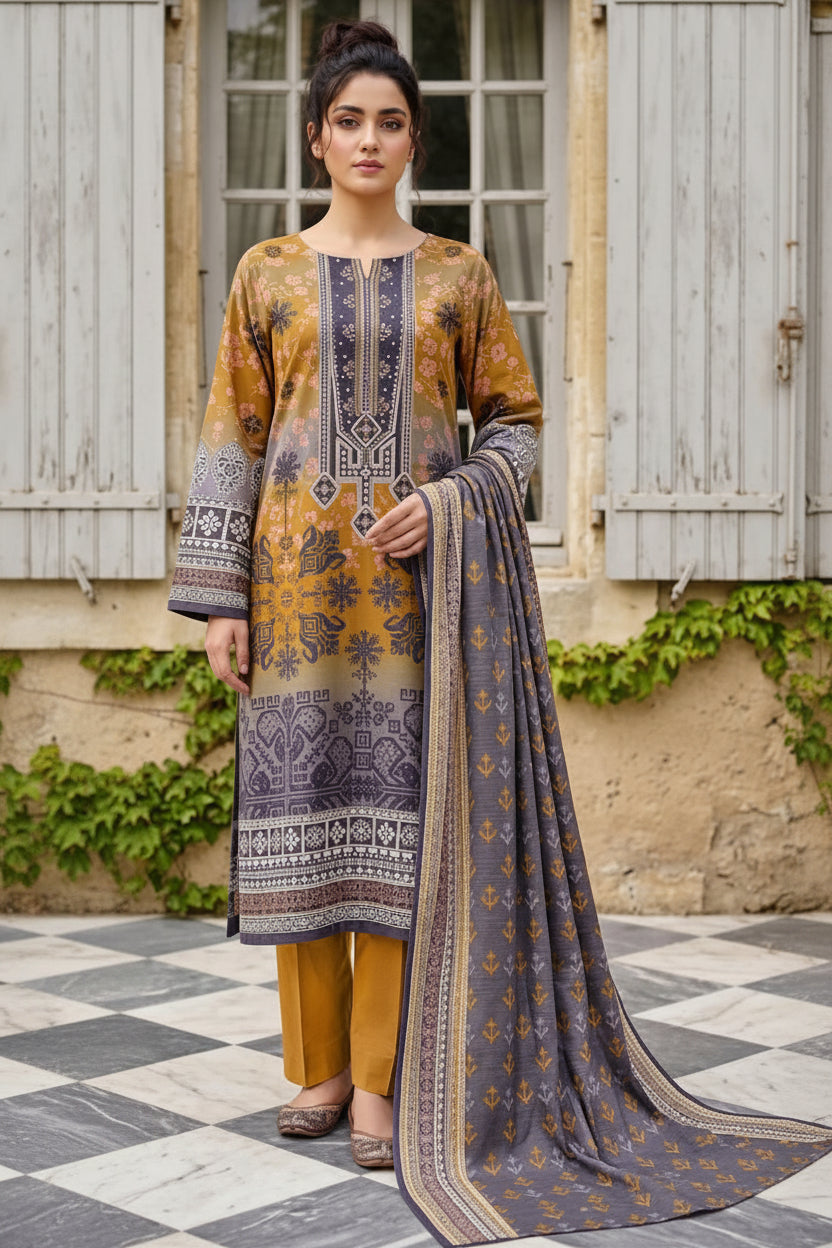 3-PIECE UNSTITCHED PRINTED LAWN SUIT WITH CAMBRIC TROUSER- V2