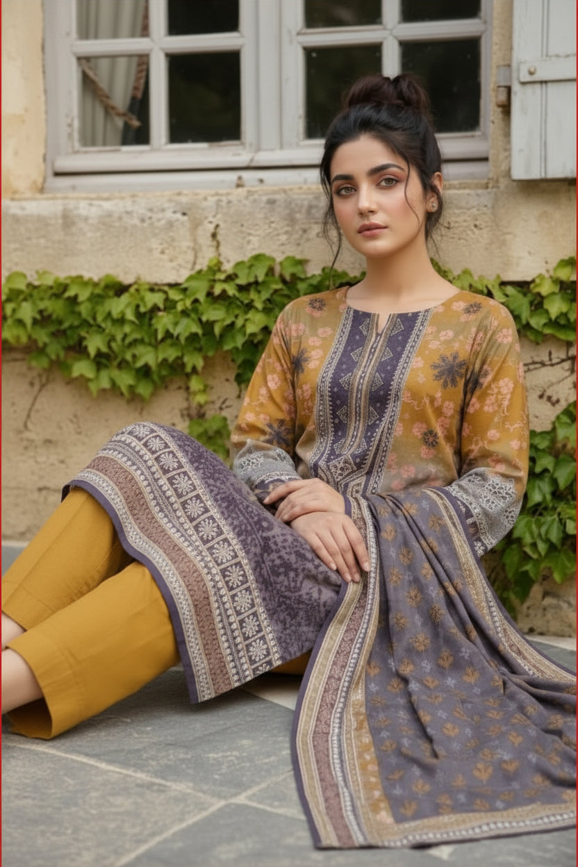 3-PIECE UNSTITCHED PRINTED LAWN SUIT WITH CAMBRIC TROUSER- V2