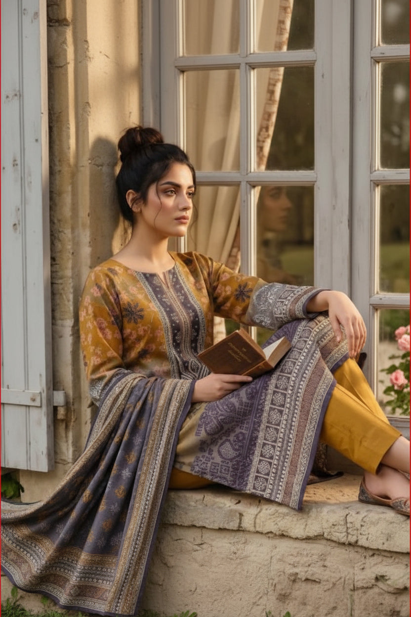 3-PIECE UNSTITCHED PRINTED LAWN SUIT WITH CAMBRIC TROUSER- V2