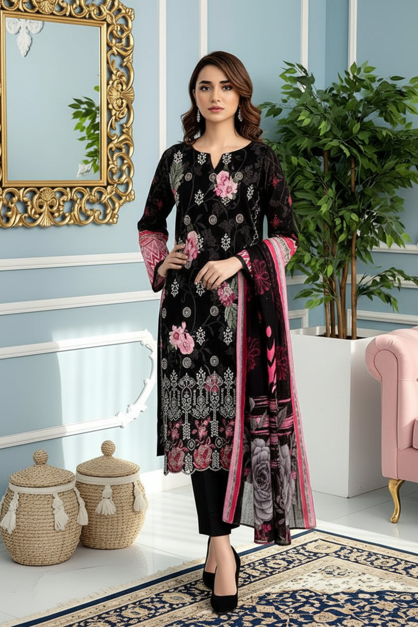 3-PIECE UNSTITCHED DIGITAL PRINTED AND EMBROIDED LAWN SUIT- V2