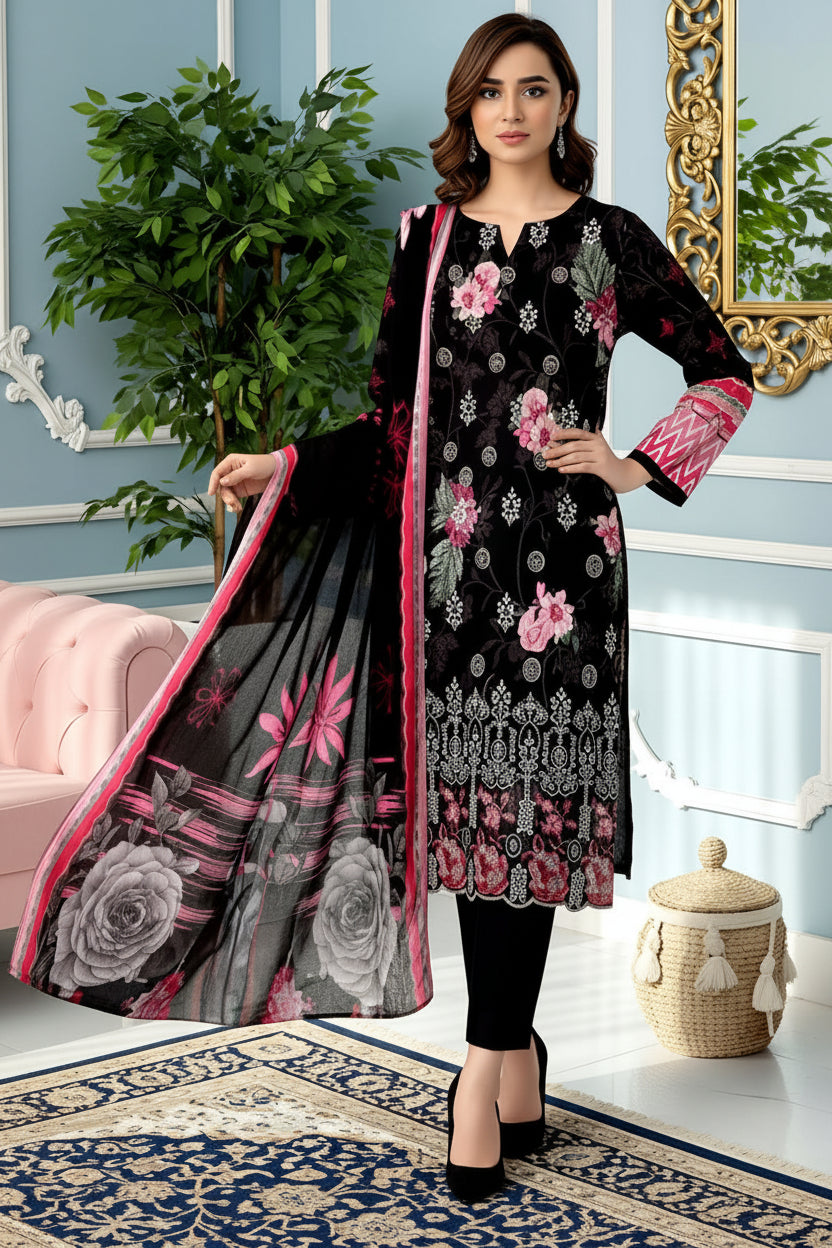 3-PIECE UNSTITCHED DIGITAL PRINTED AND EMBROIDED LAWN SUIT- V2