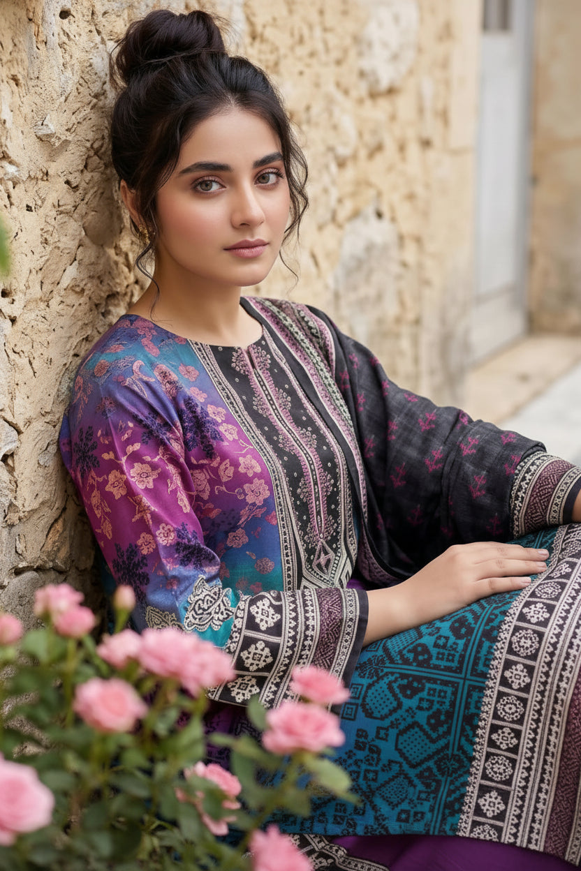 3-PIECE UNSTITCHED PRINTED LAWN SUIT WITH CAMBRIC TROUSER- V4