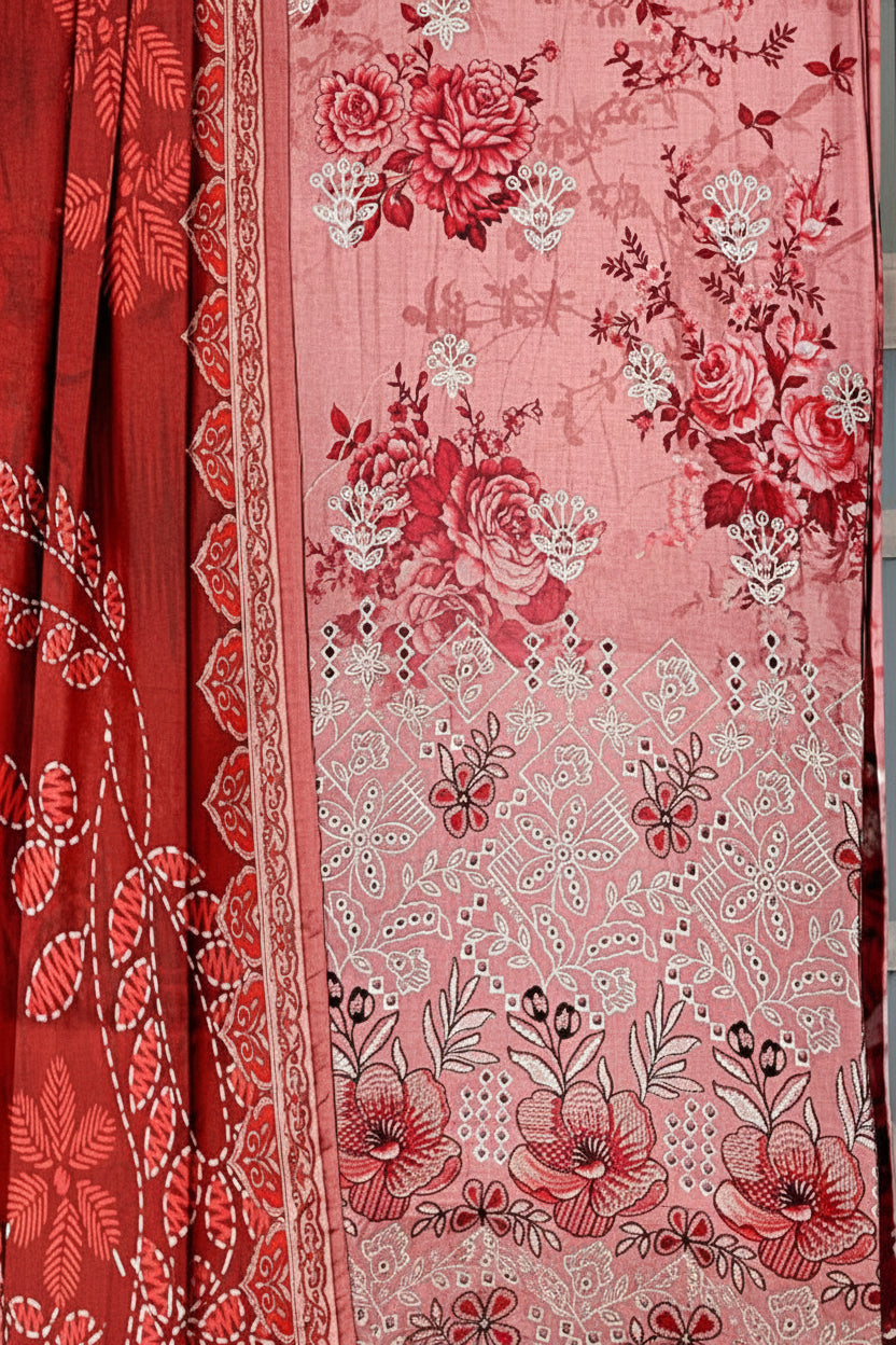 3-PIECE UNSTITCHED DIGITAL PRINTED AND EMBROIDED LAWN SUIT- V3