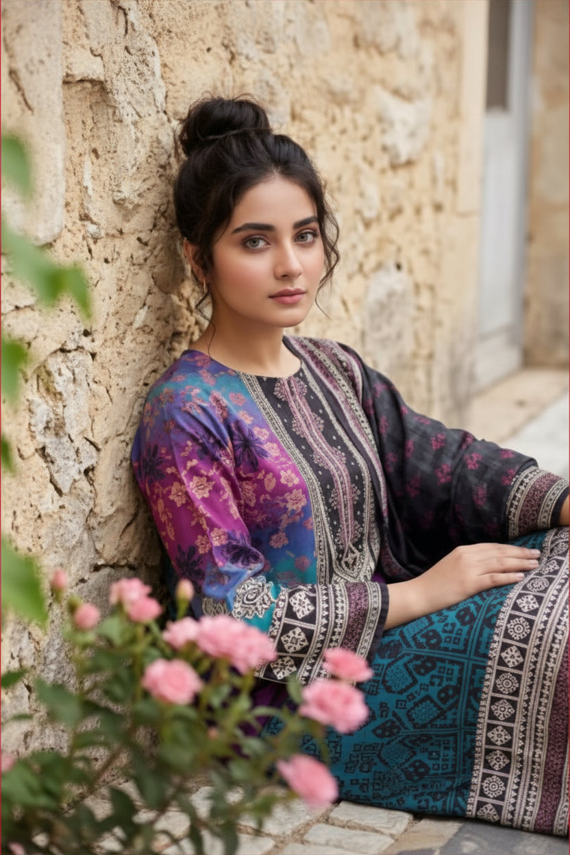 3-PIECE UNSTITCHED PRINTED LAWN SUIT WITH CAMBRIC TROUSER- V4