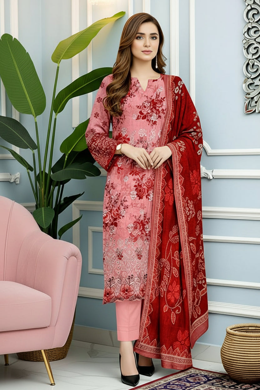 3-PIECE UNSTITCHED DIGITAL PRINTED AND EMBROIDED LAWN SUIT- V3