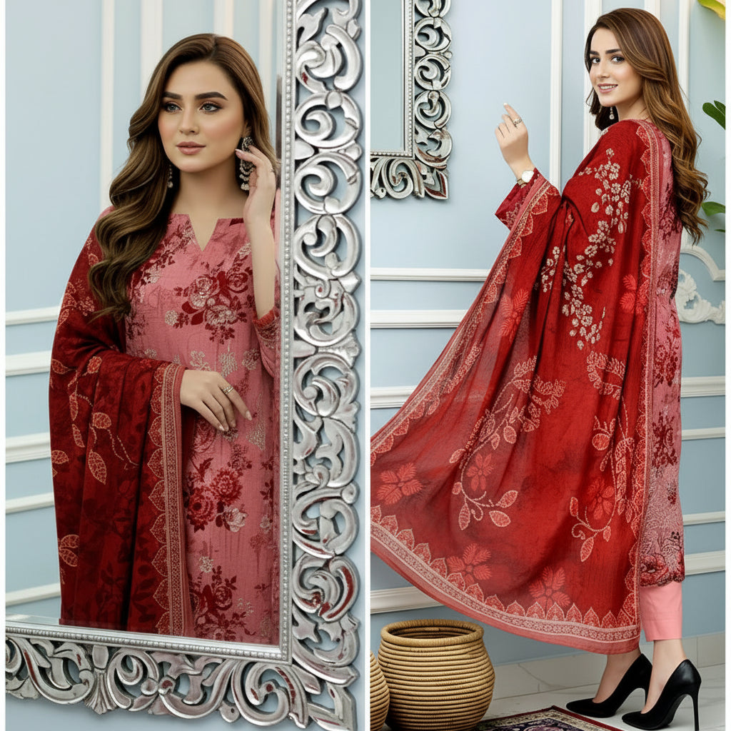 3-PIECE UNSTITCHED DIGITAL PRINTED AND EMBROIDED LAWN SUIT- V3